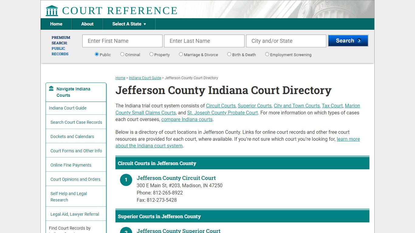 Jefferson County Indiana Court Directory | CourtReference.com